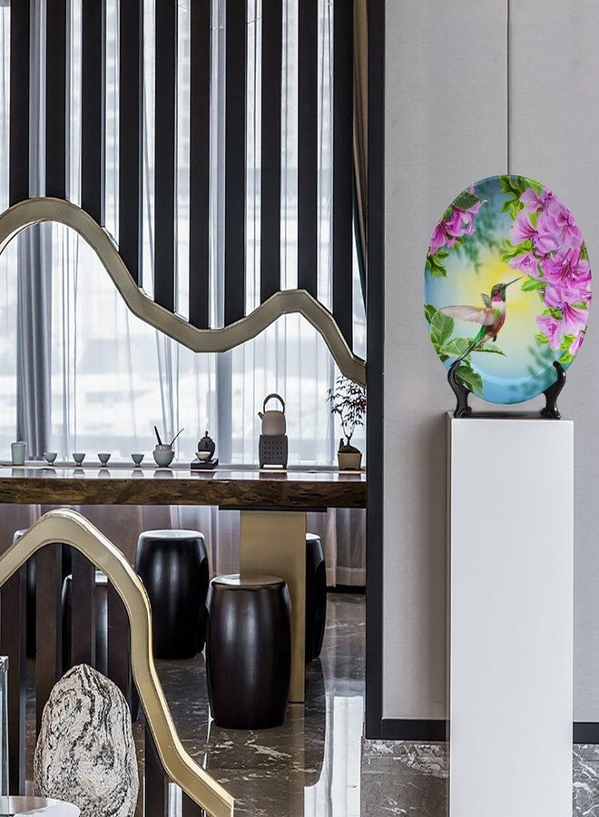 Bictucem Floral Decorative Ceramic Plates, 8 Inch, Bird Hummingbird with Pink Flowers, Round Display Plate, Hanging Decorative Plate with Display Stand, for Display Living Room Kitchen Closet Table Decor - Image 5